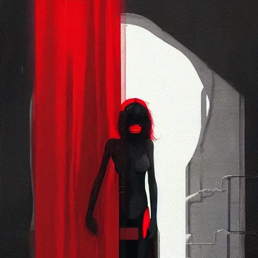 Prompt: pelham puppet behind red curtains by Conrad Roset and Nicola Samuri, medium shot, rule of thirds, seductive look, beautiful, intricate, dystopian, sci-fi, extremely detailed, digital painting, artstation, concept art, smooth, sharp focus, intimidating lighting, incredible art, details visible, very dark ambiance