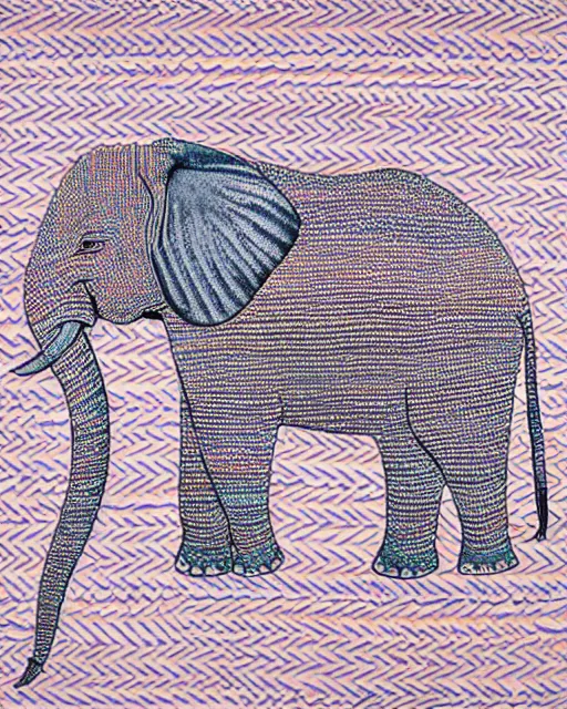Image similar to rearing elephant design covered in missoni patterns, isolated on white, risograph