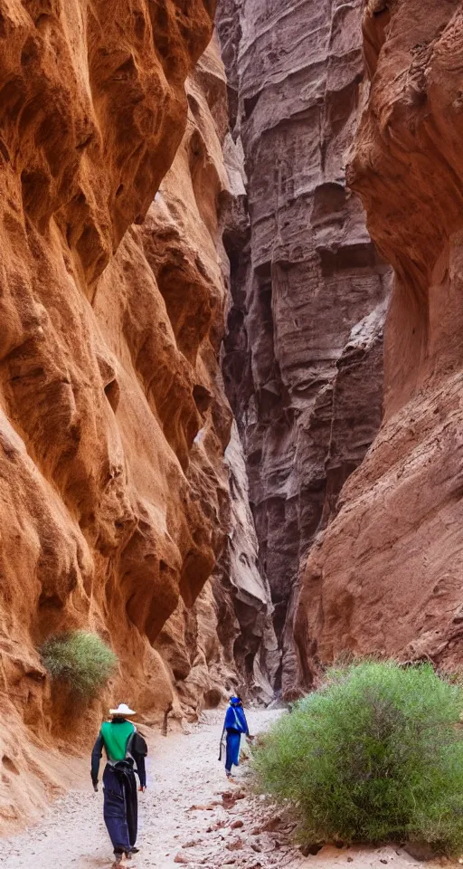 Image similar to narrow canyon in a desert, filled with flowers, caravan traders walking through on camels