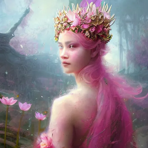 Image similar to Lotus floral crown girl, pink Lotus queen, epic fantasy style art by Craig Mullins, fantasy epic digital art, epic fantasy card game art by Greg Rutkowski