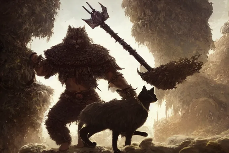 Prompt: a muscular tunesian man wearing shrubbery armor fighting a fluffy cat king with a crown and a scepter and cape, fantasy, digital painting, volumetric light, intricate, sharp, focus, bloom, illustration, highly detailed, concept art, matte, ruan jia, randy vargas, greg rutkowski