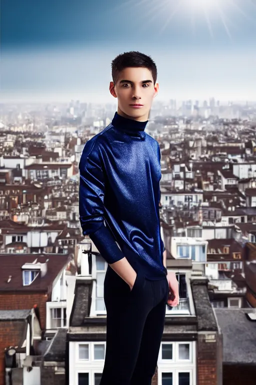 Image similar to un ultra high definition studio quality photographic art portrait of a young man standing on the rooftop of a british apartment building wearing soft padded silver pearlescent clothing. three point light. extremely detailed. golden ratio, ray tracing, volumetric light, shallow depth of field. set dressed.