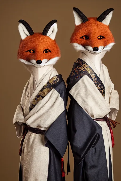 Prompt: anthropomorphic edo period japanese fox family portrait, fursuit, cosplay, trending on instagram, photography, sigma 8 5 mm f / 1. 4, studio lighting