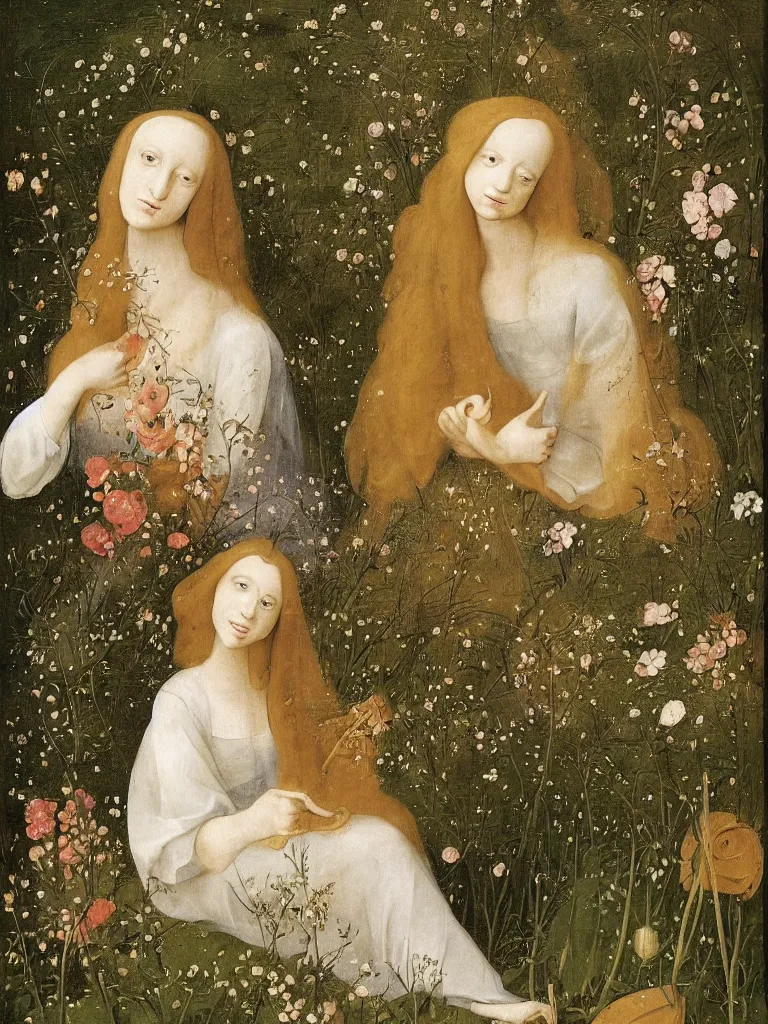 Prompt: beautiful woman with long golden hair, wearing chiffon dress, sitting among large flowers in the garden, in the style of hieronymus bosch,