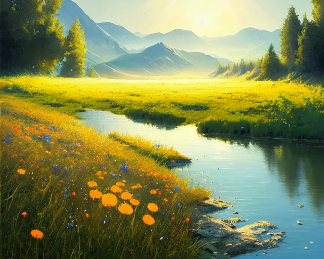 Image similar to beautiful painting of an perfect flower in a meadow in a river landscape in front of a mountaineous background, sunny day, blue sky, digital painting, ambitious lights, greg rutkowski