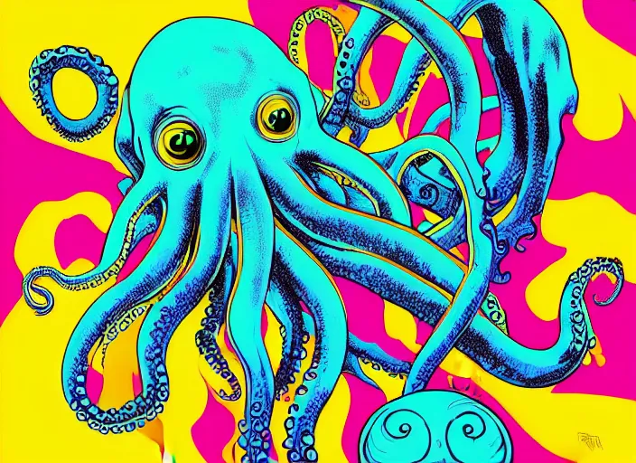 Image similar to highly detailed graphitti, Cthulhu, octopus, waves, bold colors, graphitti, digital spray paint graphitti