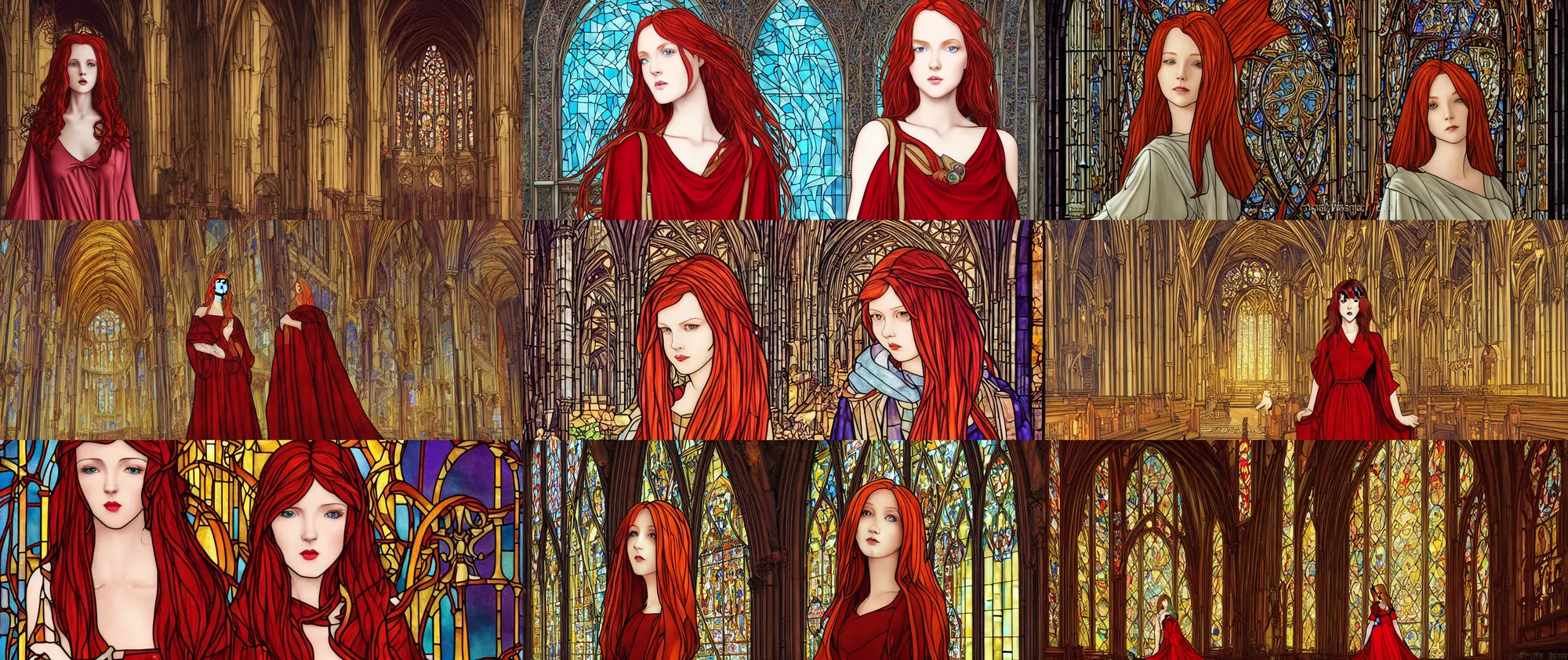 Prompt: redhead woman stained glass portrait in glorious cathedral temple, magnificent long hair, beautiful ginger female wearing red long dress, symmetrical face, beautiful eyes, fine art, art nouveau masterpiece, art deco, semi realistic anime, museum quality work, cel shaded, art style of John Collier, Moebius, Studio Ghibli, cinematic, widescreen, 4K