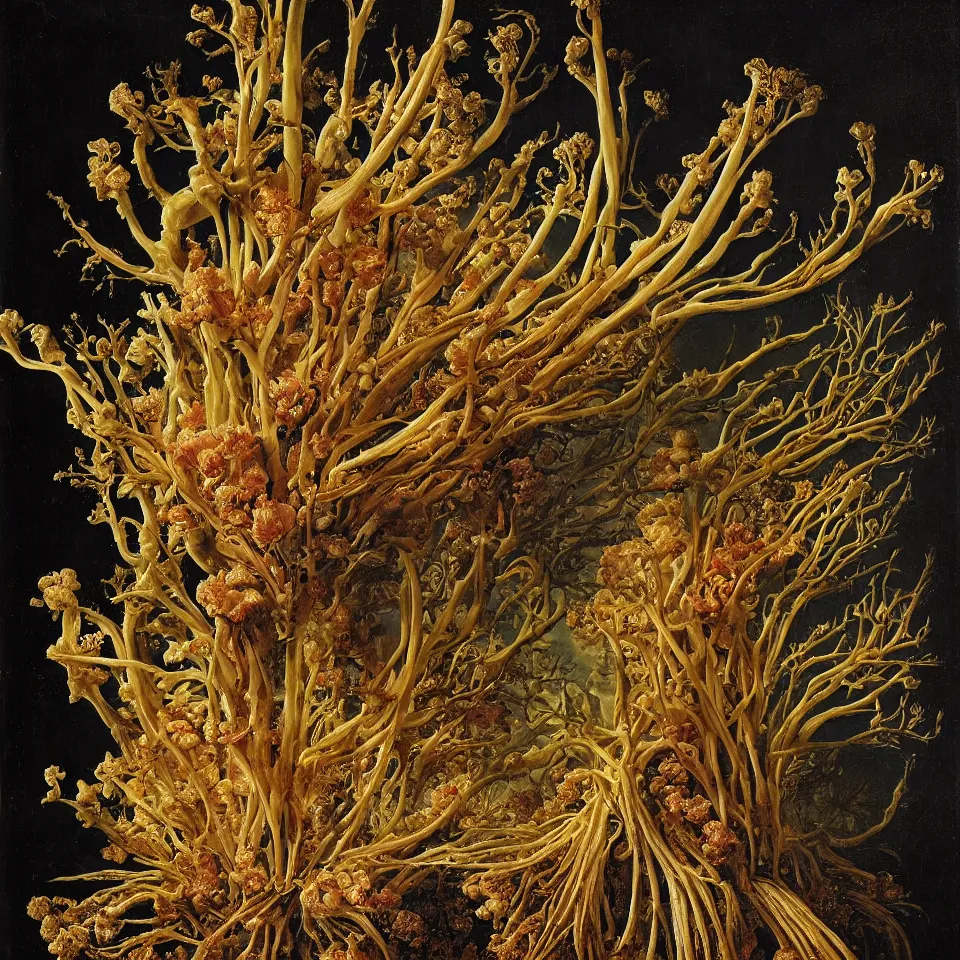 Prompt: dutch golden age bizarre ginger roots portrait made from withering flowers floral still life with very detailed ginseng rhizome and dry roots disturbing fractal forms sprouting up everywhere by rachel ruysch black background chiaroscuro dramatic lighting perfect composition high definition 8 k oil painting with black background by christian rex van dali todd schorr of a chiaroscuro portrait recursive masterpiece