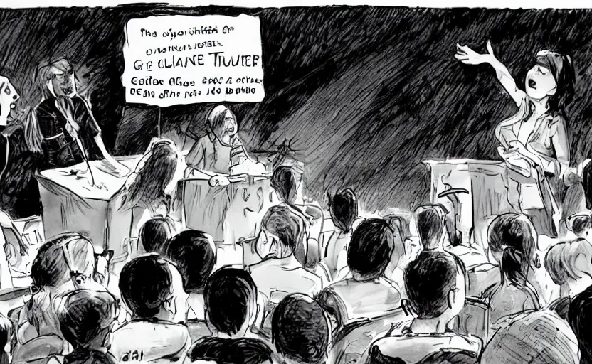 Image similar to a dramatic glen keane cartoon of gretta thunberg giving a speech to a crowd of youth climate activists