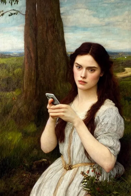 Image similar to a pre raphaelite painting of daisy ridley looking disinterestedly at her phone by dante gabriel rossett