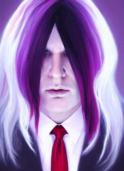 Prompt: hair whitebangs hair, black hair, whitebangs, portrait of trump with white bangs, red irises, purple clothes, white bangs, bangs are different color from hair, intricate, elegant, glowing lights, highly detailed, digital painting, artstation, concept art, smooth, sharp focus, illustration, art by wlop, mars ravelo and greg rutkowski