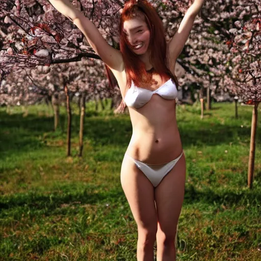 Prompt: cherry tree growing out of young beautiful woman's stomach