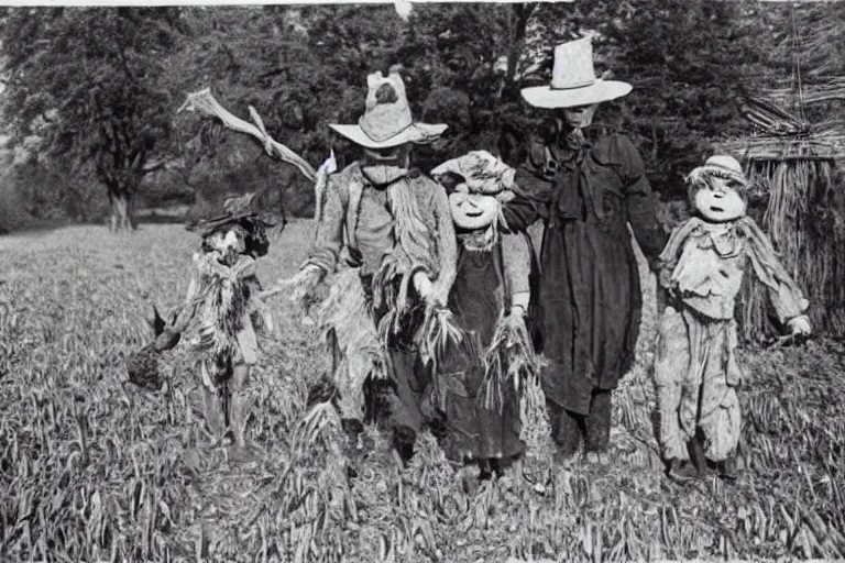 Image similar to sketchy scarecrow from the early 1 9 0 0's leading children into the cornfields