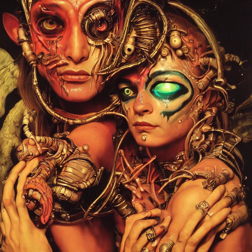 Prompt: a baroque close - up portrait of a fantasy alien cyborg shaman goddess wearing facepaint and a colorful laser eyes, holding a bird. black background. studio lighting, big eyes. highly detailed science fiction fantasy painting by norman rockwell, moebius, frank frazetta, syd mead, and sandro botticelli. high contrast. renaissance masterpiece. artstation.