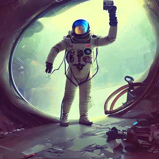 Image similar to view of a future cosmonaut with helmet having cybernetics and wirings exploring a jungle, tense situation, feeling of horror, trending on artstation, art by rossdraws and greg rutkowski, global illumination