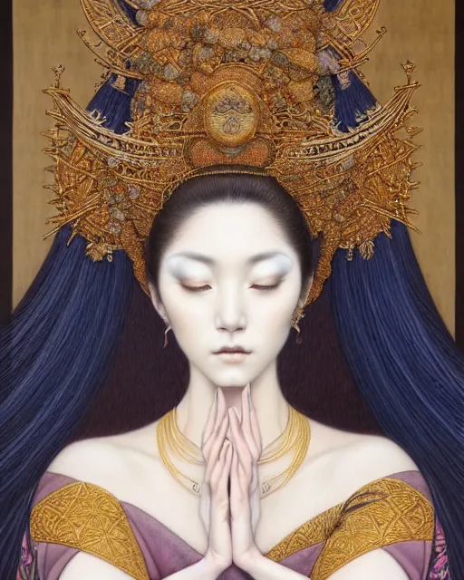 Image similar to portrait of a beautiful goddess of mercy, unusual beauty, esoteric, muted colors, head in focus, fantasy art, ornamental aesthetics intricate, elegant, highly detailed, hyperrealistic painting, artstation, concept art, painterly, sharp focus, illustration, art by chie yoshii