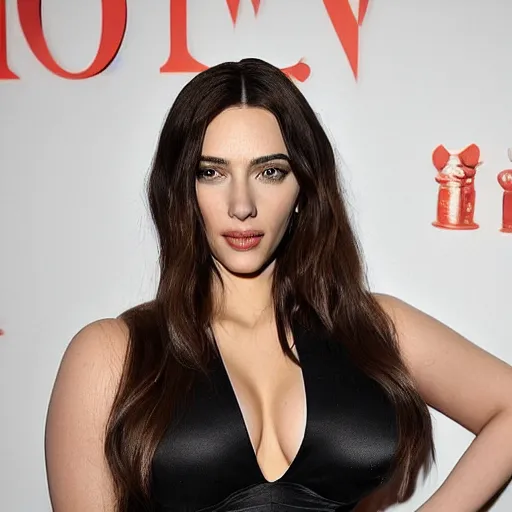 Image similar to a woman who is a genetic combination of kim kardashian and kat dennings and scarlett johansson and margot robbie and emma watson, face and upper - body focus