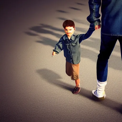 Prompt: idream father and son hold hand, walking, god, realistic, photorealistic