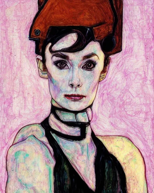 Image similar to portrait of cyberpunk audrey hepburn by egon schiele in the style of greg rutkowski