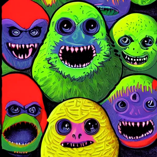 Image similar to an army of tennis ball monsters, colorful, digital art, fantasy, magic, chalk, trending on artstation, ultra detailed, professional illustration by basil gogos