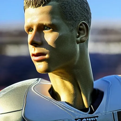 Image similar to “ a realistic detailed photo of a guy who is an attractive humanoid who is half robot and half humanoid, who is a male android, football player christian mccaffrey, shiny skin, posing like a statue, blank stare, on the field, on display ”