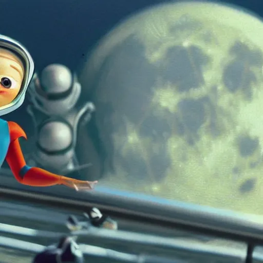 Prompt: a cinematic film still from a 2001 Pixar movie about a futuristic city on the moon where anthropomorphic star beings live, aesthetic, in the style of Pixar, shallow depth of focus