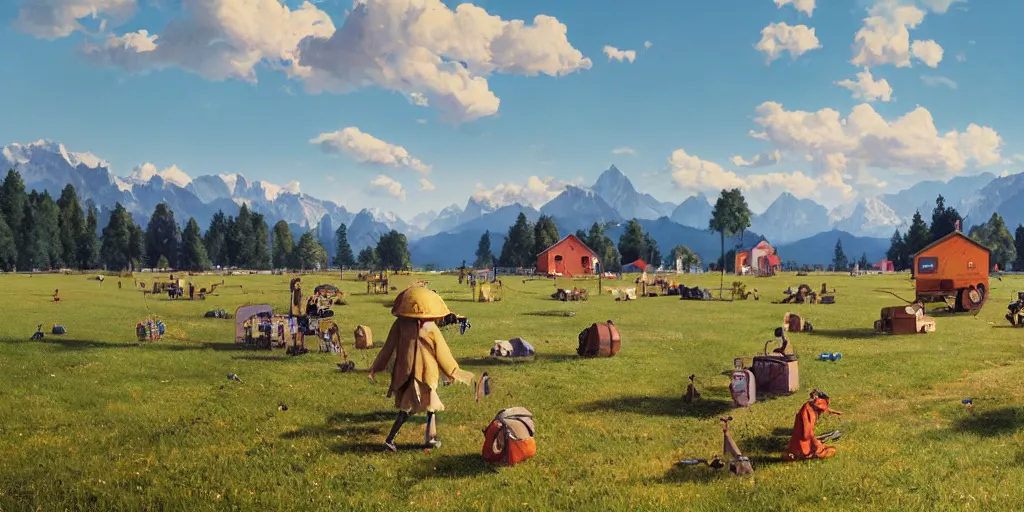 Image similar to a ultra photorealistic and sharp film still of an a sunny and colourful airfield in 1 9 1 6 in the middle of the bavarian alps, germany. wide shot, frog perspective, wes anderson, studio ghibli, pixar and disney animation, octane render, anime key art by greg rutkowski, dramatic lighting, award winning photography