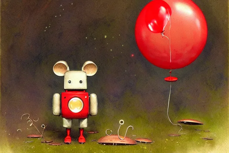 Prompt: adventurer ( ( ( ( ( 1 9 5 0 s retro future robot android mouse holding a red balloon. muted colors. spooky swamp mushrooms island, lillie pads ) ) ) ) ) by jean baptiste monge!!!!!!!!!!!!!!!!!!!!!!!!! chrome red