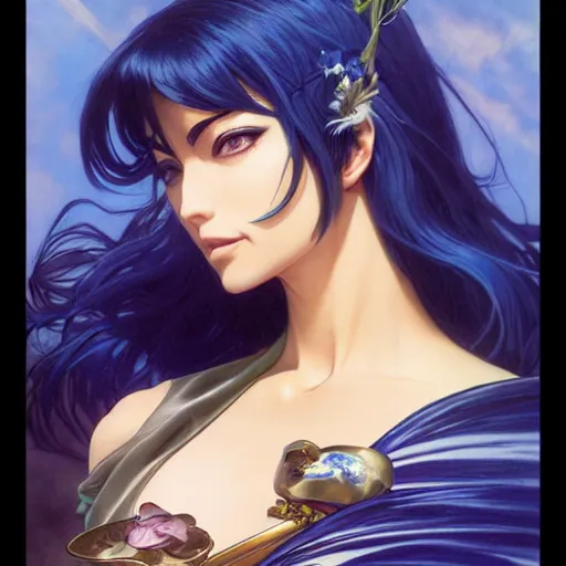 Image similar to highly detailed vfx portrait of nico robin by eiichiro oda!, alphonse mucha, sharp focus, art by artgerm and greg rutkowski!, harsh overhead sunlight, blue eyes!!, large aquiline nose!!, stanley kybric, kaoru mori, intricately detailed, best of behance,