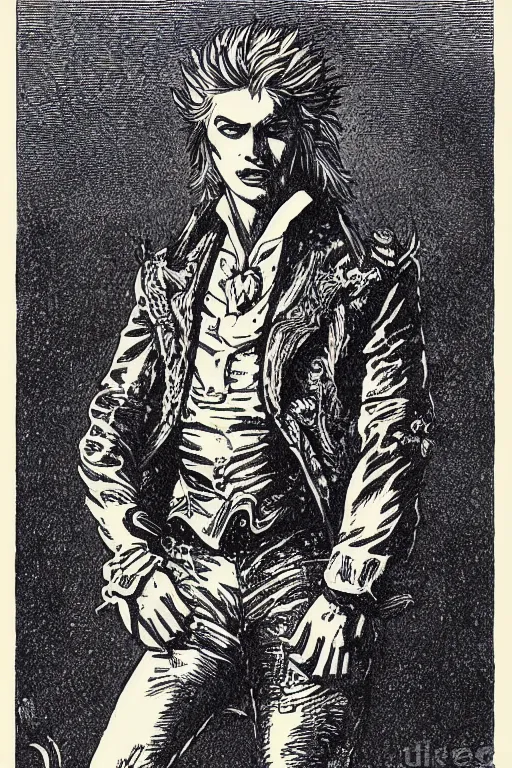 Prompt: 19th century wood-engraving of a proud vampire named Dio Brando, whole page illustration from Jules Verne book titled Stardust Crusaders, art by Édouard Riou Jules Férat and Henri de Montaut, frontal portrait, high quality, beautiful, highly detailed, removed watermarks