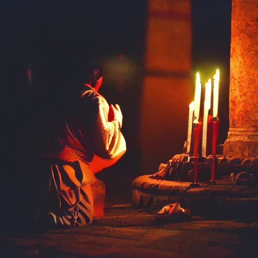 Image similar to film photography, an Aztec Priest praying to the dogs at the altar of an Aztec temple, at night, lit with candles, stormy night, Leica M6, cinestill 800, Noctilux 50mm