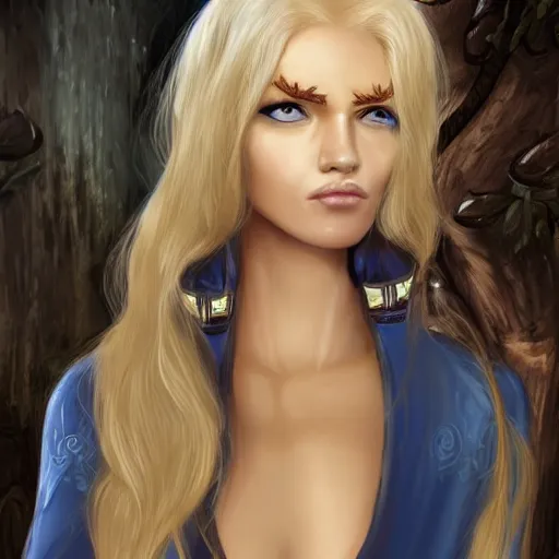 Prompt: jade is a mage and can use healing magic, she is 2 3 years old and has blonde hair and blue eyes, fantasy art illustration, incredibly highly detailed and realistic, 8 k, sharp focus