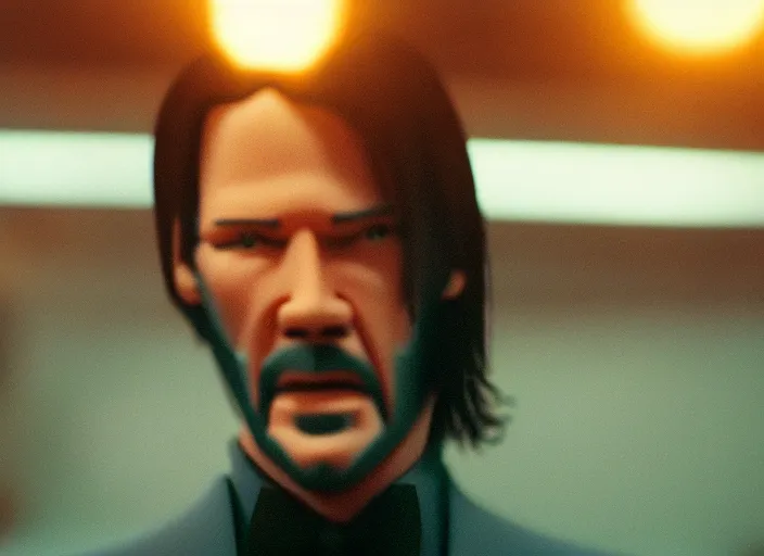 Image similar to cinematic screenshot cinestill portrait of a stop motion claymation film, john wick, in focus, shallow depth of field, 1 8 mm, f 1. 8, sharp details