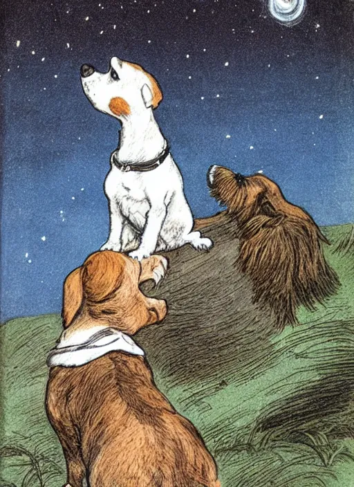 Image similar to candid portrait of jack russel dog looking up, from behind, night sky, highly detailed, side view, illustrated by peggy fortnum and beatrix potter and sir john tenniel