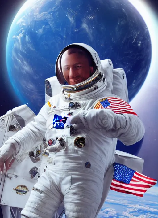 Image similar to Gorgeous NASA astronaut in space, cel-shaded, detailed, focused. Cinematic, hyper realism, realistic proportions, dramatic lighting, high detail 4k