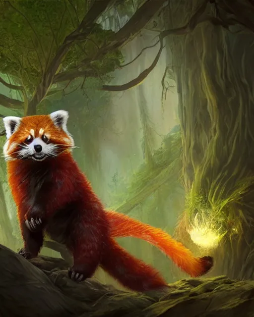 Image similar to Red Panda Shapeshifter Druid Mage, D&D, artstation, fantasy, magic the gathering artwork, cinematic lighting, centered, symmetrical, highly detailed, digital painting, , concept art, smooth, sharp focus, illustration, volumetric lighting, epic Composition, 8k, art by Akihiko Yoshida and Greg Rutkowski and Craig Mullins, oil painting, cgsociety