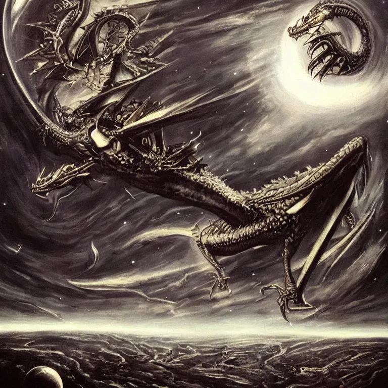 Image similar to painting by h. r. giger, menacing dragon soaring above the clouds, blackhole sun, dark undertones, exodus of the stars