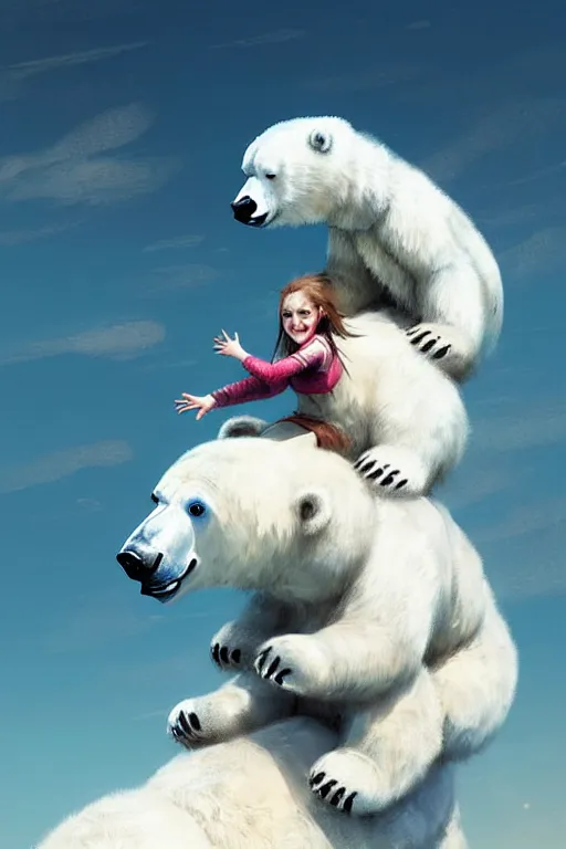 Image similar to tiny girl riding on the back of a giant fluffy polar bear by greg rutkowski