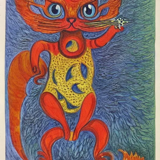 Image similar to a cat with fire in her claws, louis wain, fantasy art