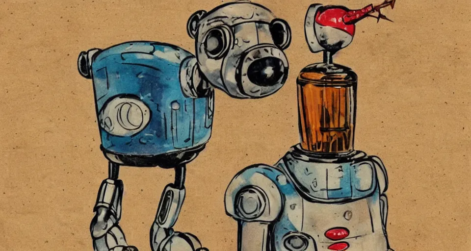Image similar to a cute retro robot dog. alcohol inks on parchment, muted colors, detailed, textured parchment background, 1 9 5 0 s concept art
