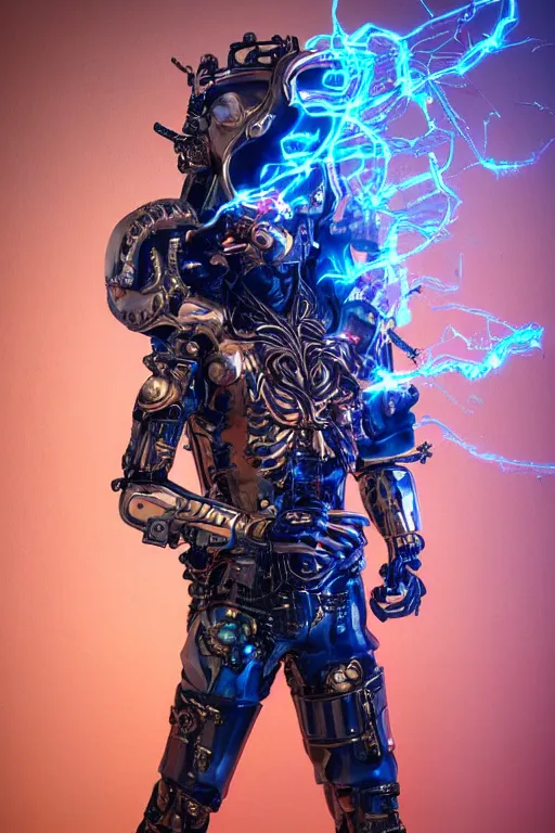 Image similar to full-body cyberpunk style sculpture of a young handsome Colombian prince half android with a chest opening exposing circuitry and electric sparks, glowing pink eyes, crown of blue flowers, flowing salmon-colored silk, fabric, raptors. baroque elements. full-length view. baroque element. intricate artwork by caravaggio. many many birds birds on background. Trending on artstation, octane render, cinematic lighting from the right, hyper realism, octane render, 8k, depth of field, 3D