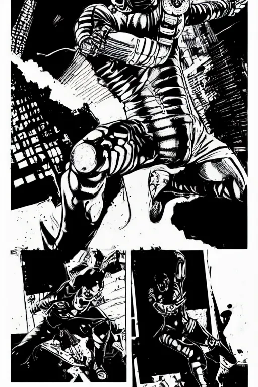 Prompt: cyborg ninja doing kung fu, a page from cyberpunk 2 0 2 0, style of paolo parente, style of mike jackson, adam smasher, johnny silverhand, 1 9 9 0 s comic book style, white background, ink drawing, black and white