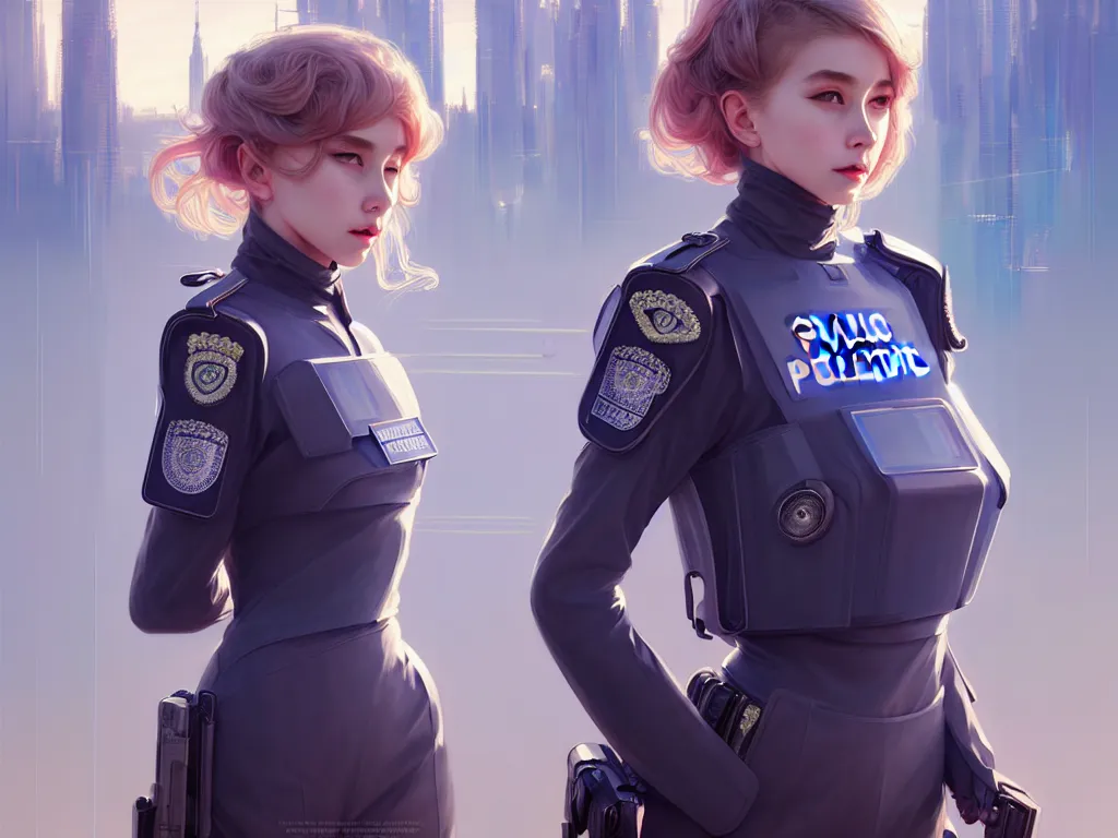Prompt: portrait futuristic england police uniform girl, at future neon light rooftop, ssci - fi and fantasy, intricate and very very beautiful and elegant, highly detailed, digital painting, artstation, concept art, smooth and sharp focus, illustration, art by tan zi and ayanamikodon and alphonse mucha and wlop
