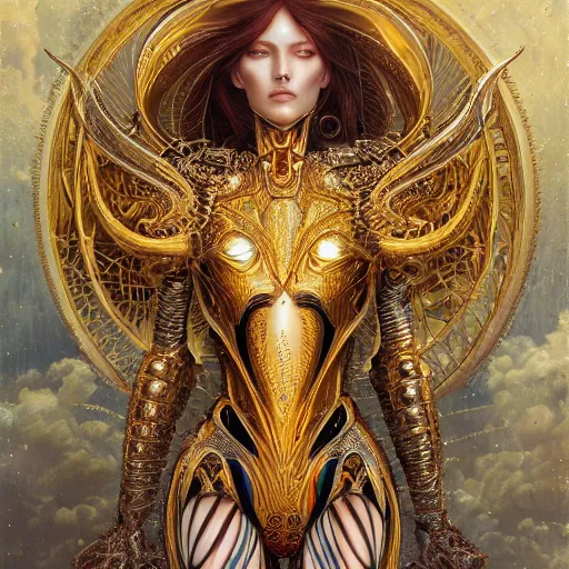 Image similar to a beautiful symmetrical body wearing an armor made of golden ornaments and gems by alex gray and android jones , Karol Bak, Ayami Kojima, Amano , 3D, 8k resolution