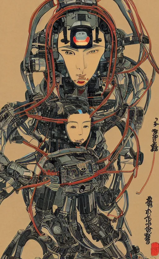 Image similar to upper half portrait of army mecha robot - wires and vines as poster design borders, art by utagawa kunisada, highly detailed, digital painting, concept art, illustration, smooth sharp focus, intricate, symmetry, artstation, colourful,