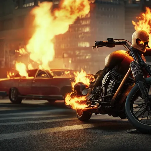 Image similar to ghost rider without bike stands on the street in a crowd of people, nervous face, 4 k, detailed, highly detailed, cinematic, octane render, front light