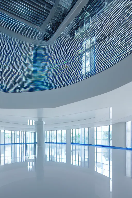 Prompt: white shiny minimalist fountain with glowing opalescent water inside high tech science lab with shiny white floors and blue glass walls and 50 foot tall arched glass atrium ceiling, vertical composition