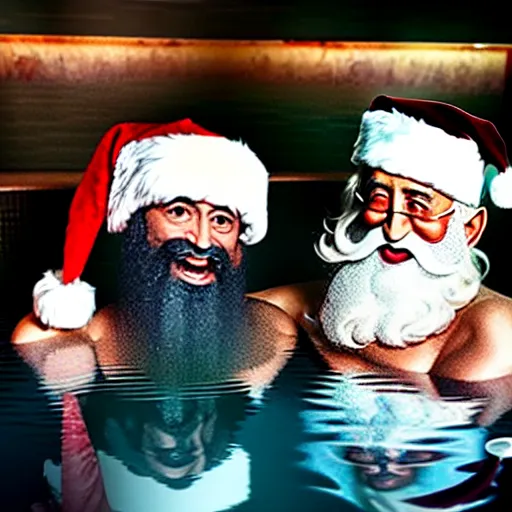 Image similar to uhd candid photo of santa and osama bin laden in a hot tub. photo by annie leibowitz