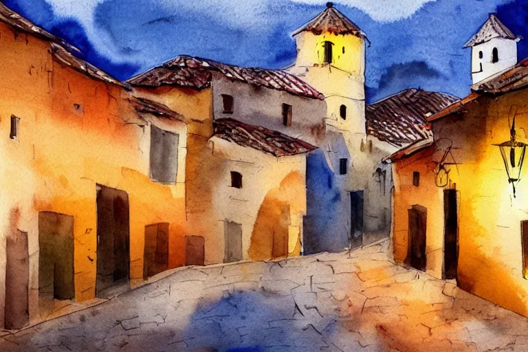 Prompt: paint brush strokes, abstract watercolor painting of rustic mediterranean village at nightfall, lantern, ambient lighting, wonderful masterpiece, cinematic light, american romanticism