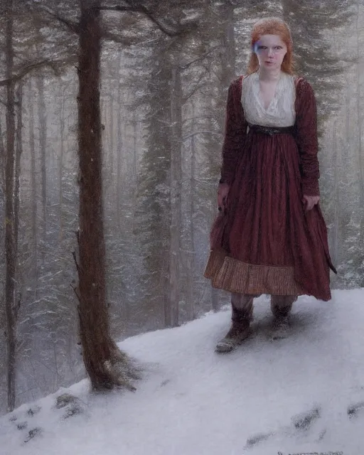Image similar to a well - lit, realistic portrait painting of a thoughtful girl resembling a young, shy, redheaded irish alicia vikander or millie bobby brown wearing peasant dress in a deep snow - covered forest at dusk, highly detailed, intricate, concept art, artstation, by donato giancola, ron cobb, and william adolphe bouguereau